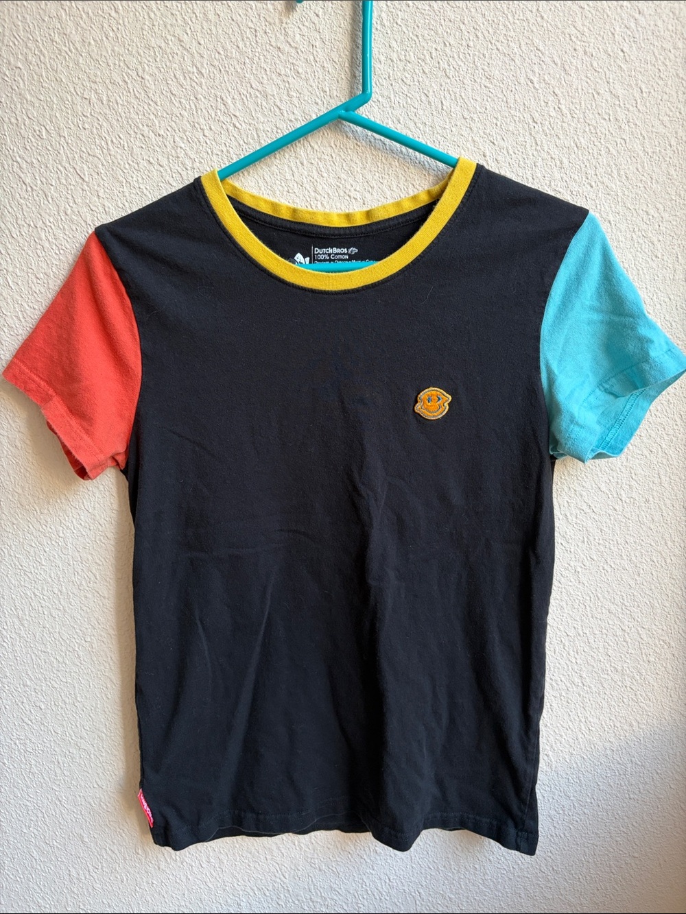 Dutch Bros Colorblock Black Tee with Coral & Aqua Sleeves